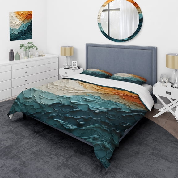 Designart "Teal Orange Ocean Coastal Essence composition" Modern Bedding Covert Set - Ocean Teal Coastal Bed Set With 2 Shams
