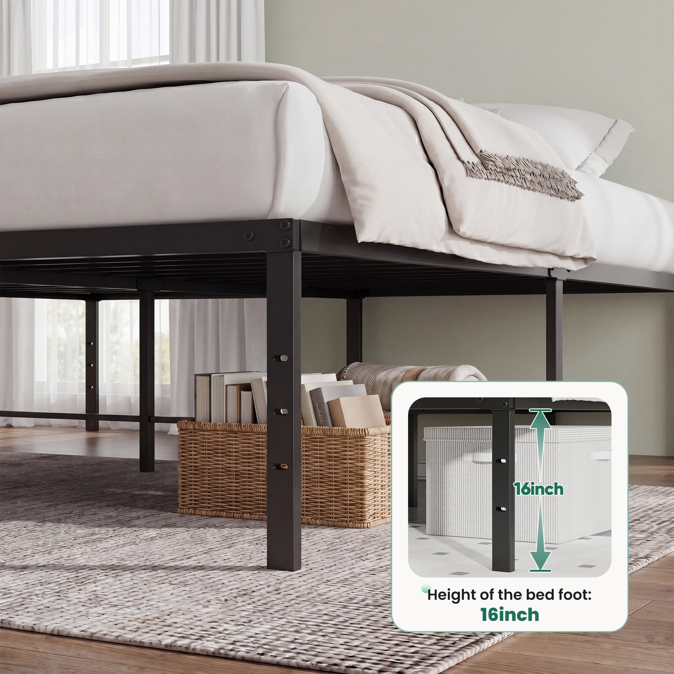 EDX 16 Inch High Clearance Metal Platform Bed Frame with Steel Slats, Large Under Bed Storage, No Box Spring Needed, Noise Free, Easy Assembly, Twin-XL