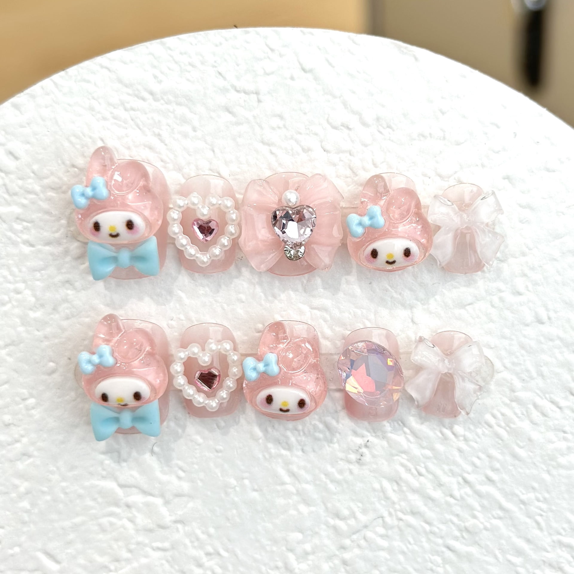 Melody hand-worn nail piece cartoon bow diamond nail patch removable short cute pearl love