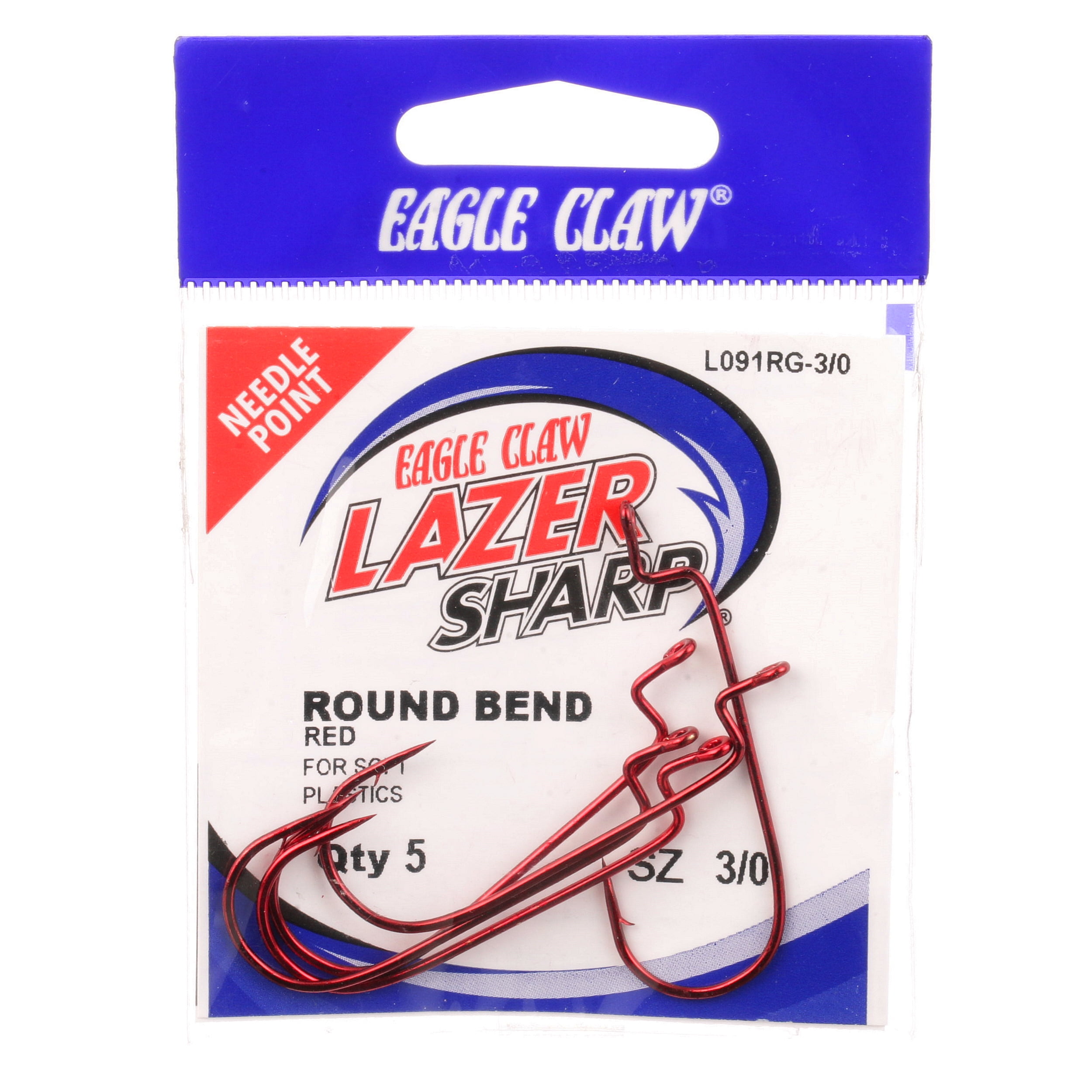 Lazer Sharp L091RGH-3/0 Round Bend Worm Hook, Red, Size 3/0