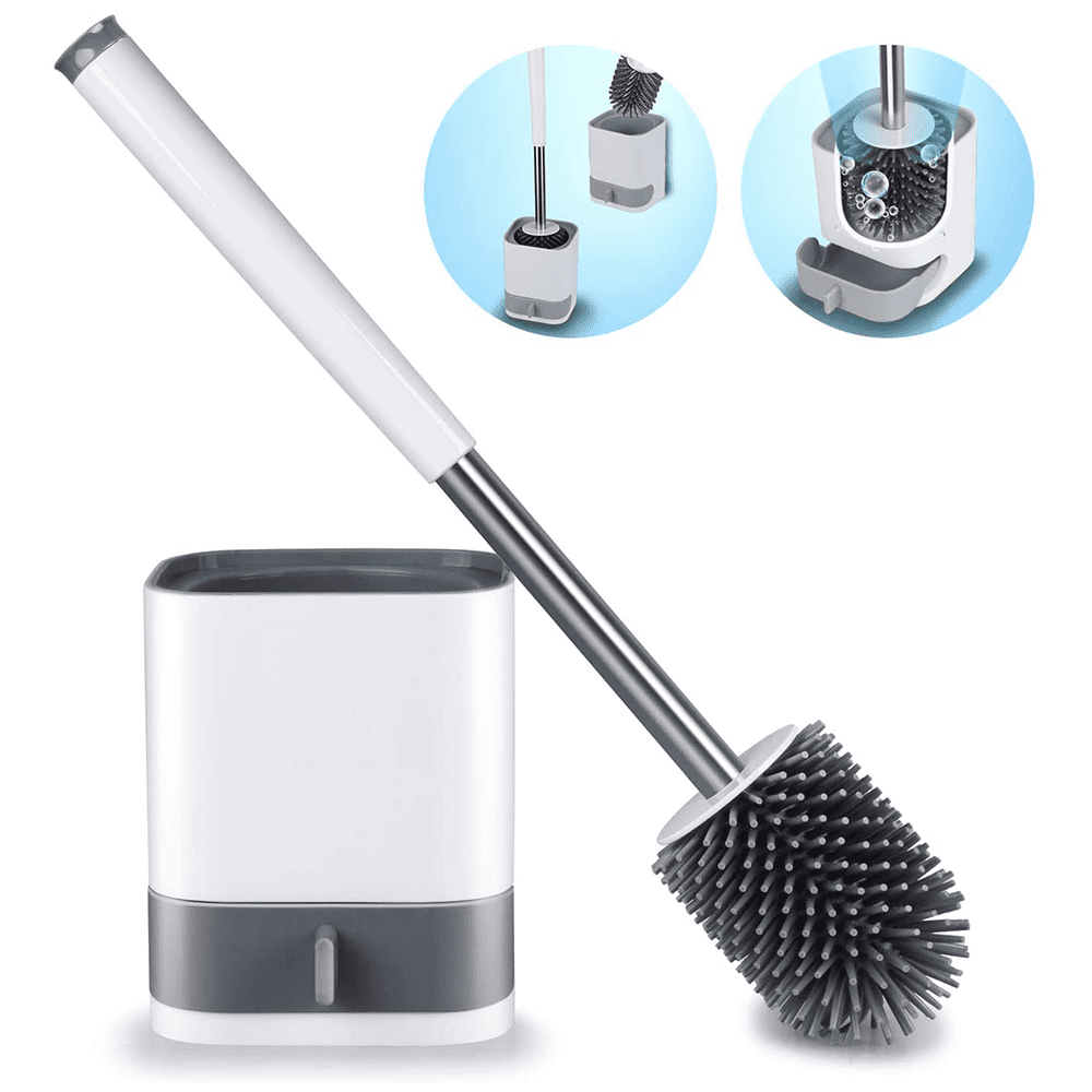 BCOOSS Toilet Brush and Holder Set, Bathroom Toilet Bowl Brush and Caddy Cleaner Anti Slip with Sturdy Soft Silicone Bristle Removable Water Drawer Quick Drying (White)
