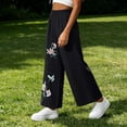 thumbnail image 5 of Tbopshirt Pants for Women Elastic Waist Floral Embroidery Wide Leg Capri Pants Side Pockets Textured Casual Trousers,Black,M-4XL, 5 of 5