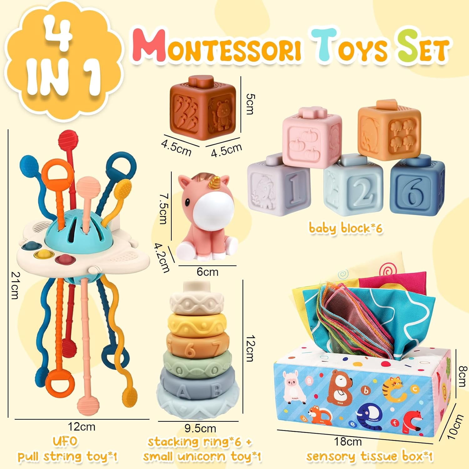 4-in-1 Montessori Baby Toy Set for 6-12 Months, Tissue Box Toy, Stacking Blocks, Building Blocks and Dinosaur Toy, Sensory Gift for Infants