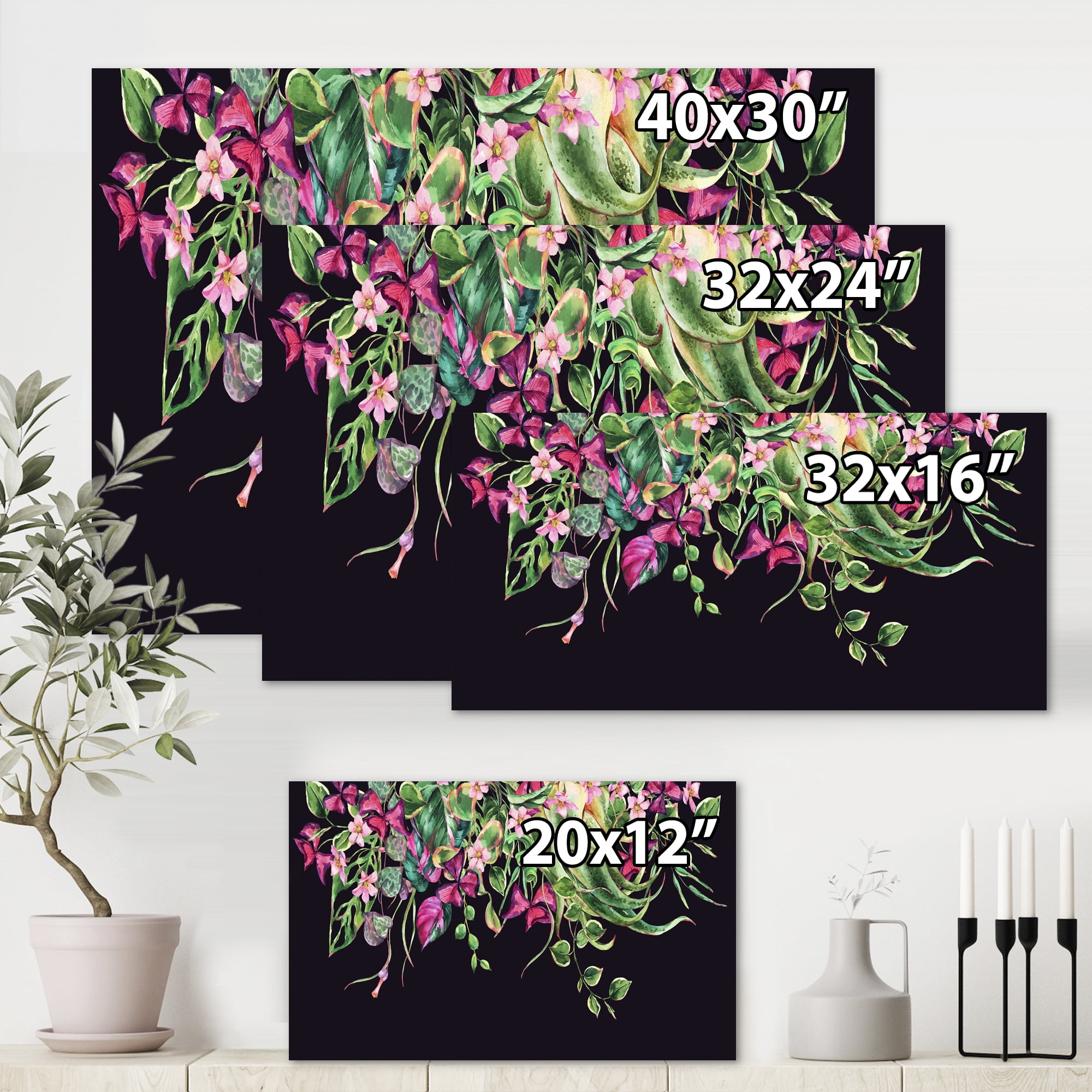 Designart ' Floral Tropical Leaves On Black Background ' Farmhouse Canvas Wall Art Print