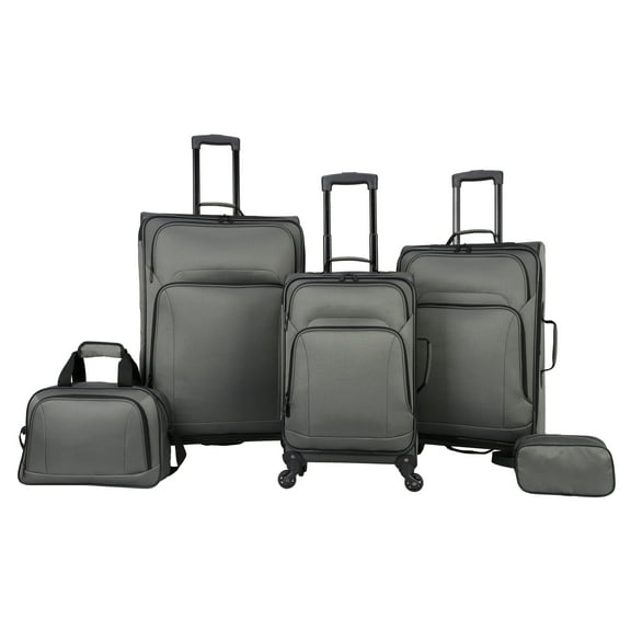 Protege 5 Piece Spinner Luggage Set, Includes 28 in Checked, 24 in Checked Bags, 20 in Carry-on, 15 in Boarding Tote and Matching Utility Bag, All Ages, Grey
