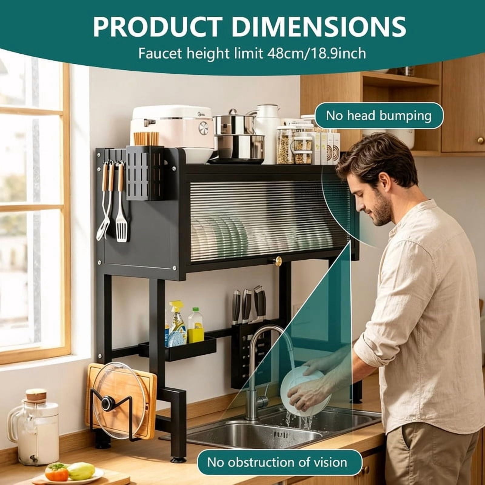 Over The Sink Dish Drying Rack, 3-Tier Carbon Steel Kitchen Storage Cabinet with Cover, Heavy-Duty Large Capacity Dish Drain Shelf for Kitchen Sink Organization