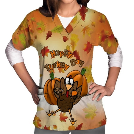 

Thanksgiving Scrub Tops for Women Turkey Nurse Working Uniforms Shirt Short Sleeve V Neck Holiday Tee Blouse with Pockets
