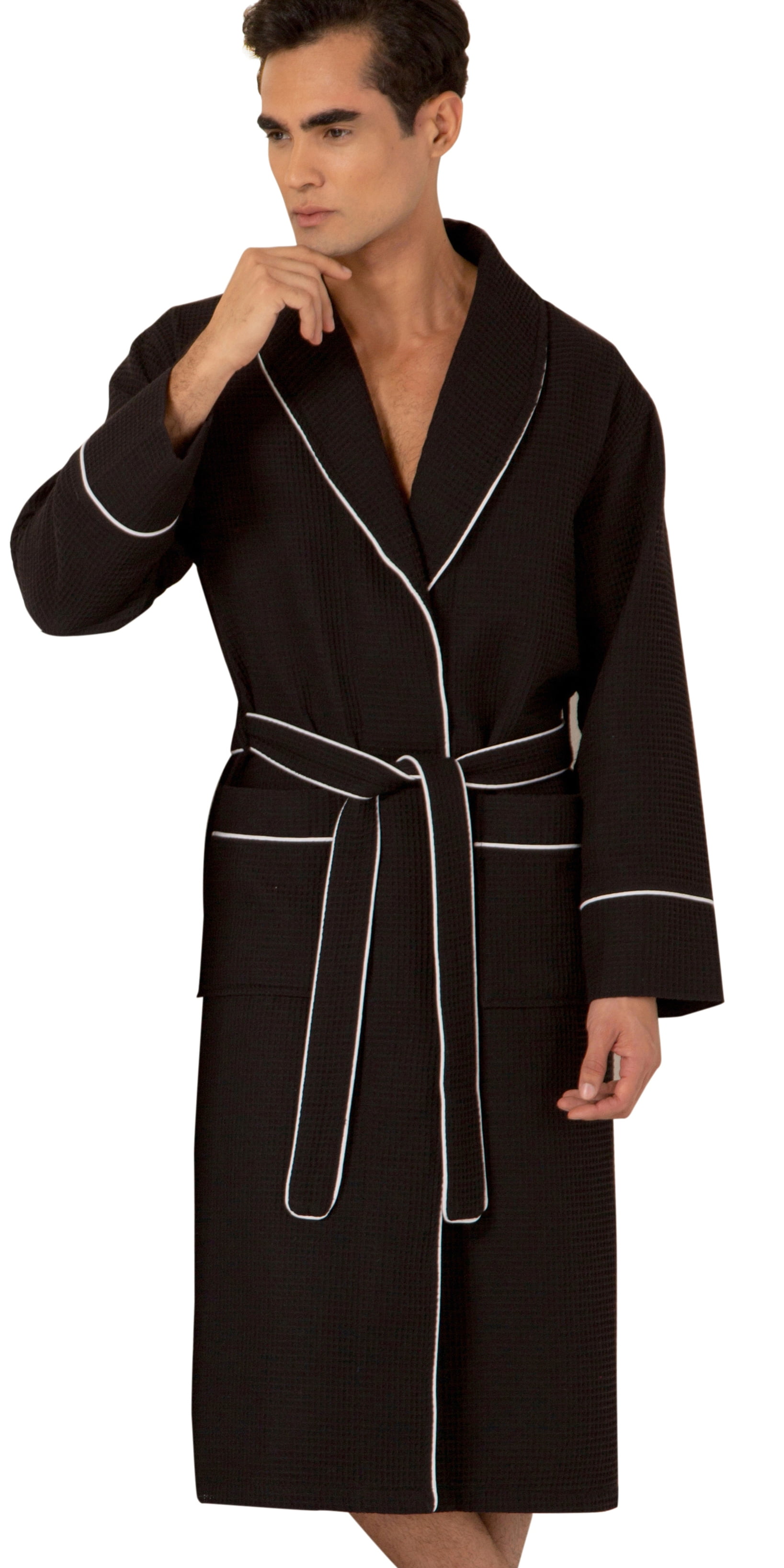 SEYANTE Men's Luxury Waffle Shawl Collar Robe with Piping