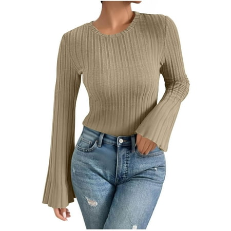 Womens Long Bell Sleeve T-Shirts Top Fall Pullover for Women - Lightweight Knit Crewneck Going Out Fall Fashion 2025