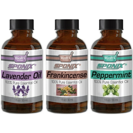 Essential Oil Lavender Frankincense Peppermint - Aromatherapy ( 3 x 30 ml / 1 fl oz ) - Gift Set of 3 - Made with 100% Pure Therapeutic Grade Essential Oils by Sponix Made in USA (FAST SHIPPING)