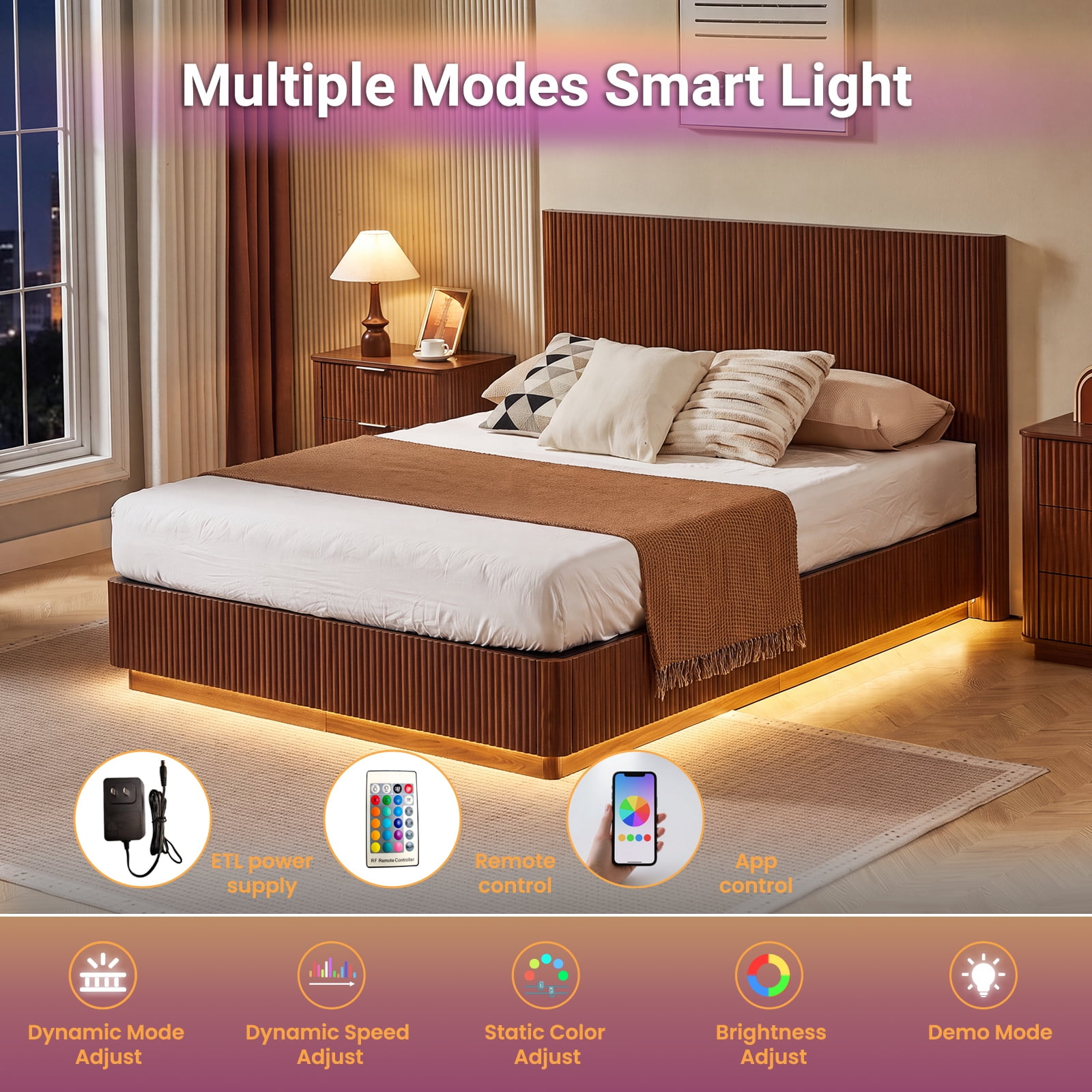 Queen Size Bed Frame with LED Lights, Modern Wooden Corrugated Curved Lines, Convex Groove Board Design