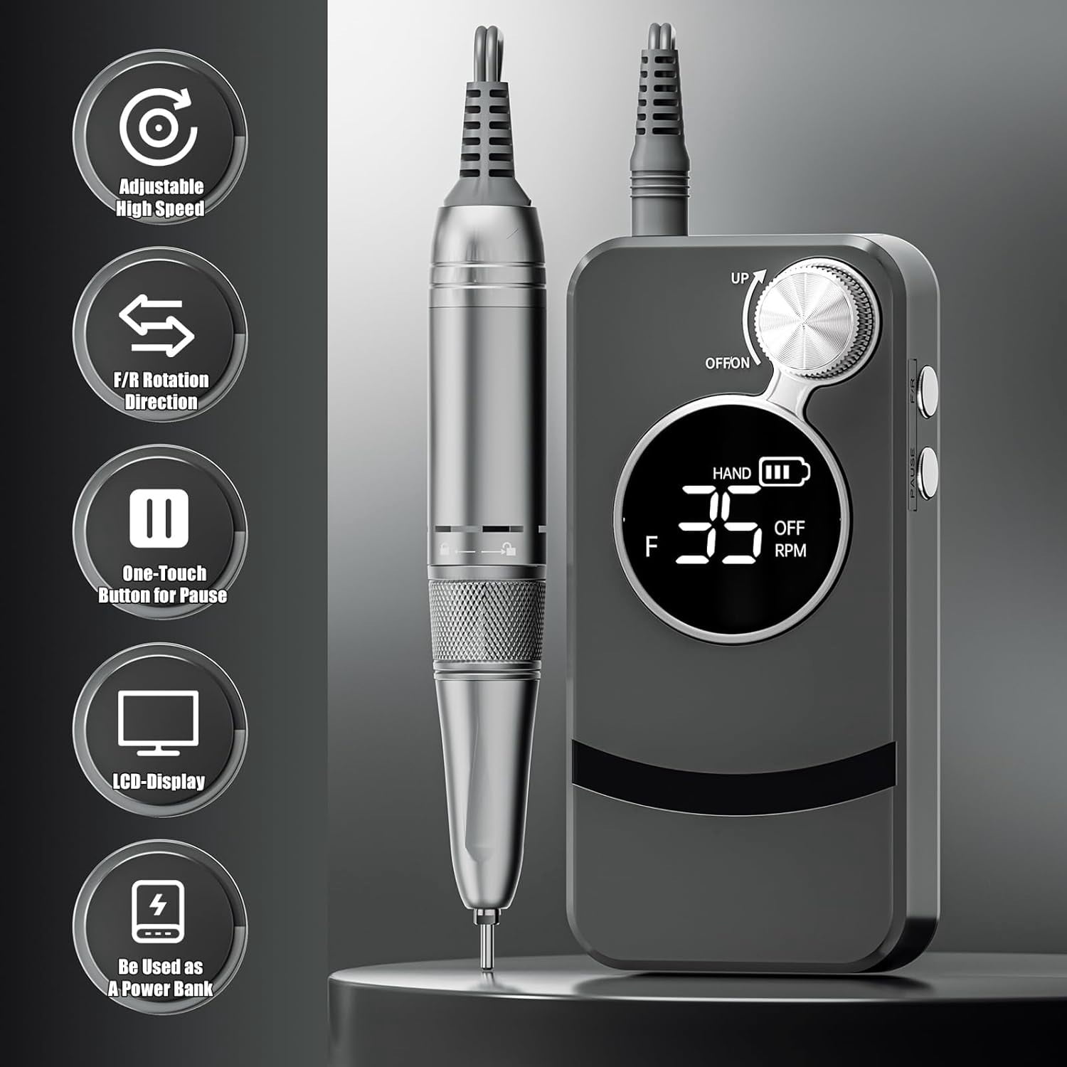 M MISS DREAM Rechargeable 35000 RPM Cordless Nail Drill with 12Pcs Bits, Gray