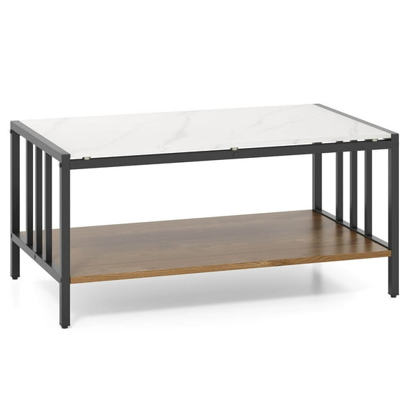 Costway 2-Tier Rectangular Coffee Table with Rock Slab Tabletop Open Shelf for Living Room