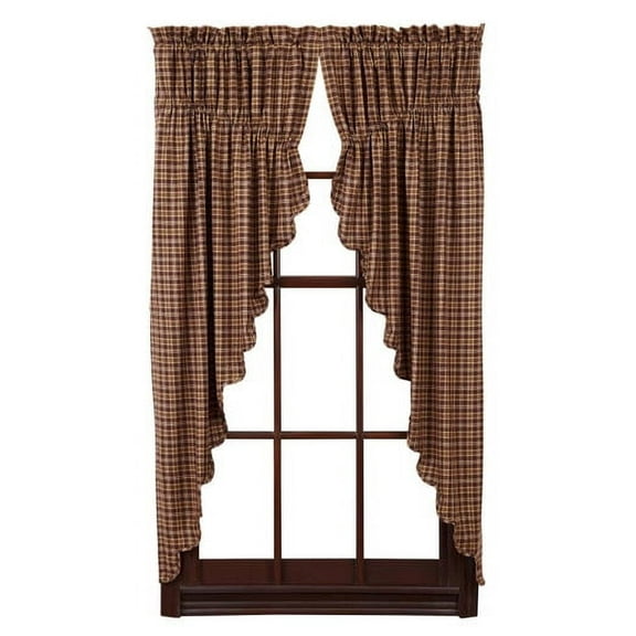 VHC Brands Prescott Rustic 63"x36"x18" Prairie Panel Pair Brown Rod Pocket Cotton Plaid Drawstring Ties Window Curtains