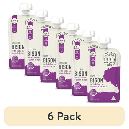 (6 pack) Serenity Kids Bison Stage 2 Baby Food with Kabocha Squash & Spinach, 3.5 oz Pouch