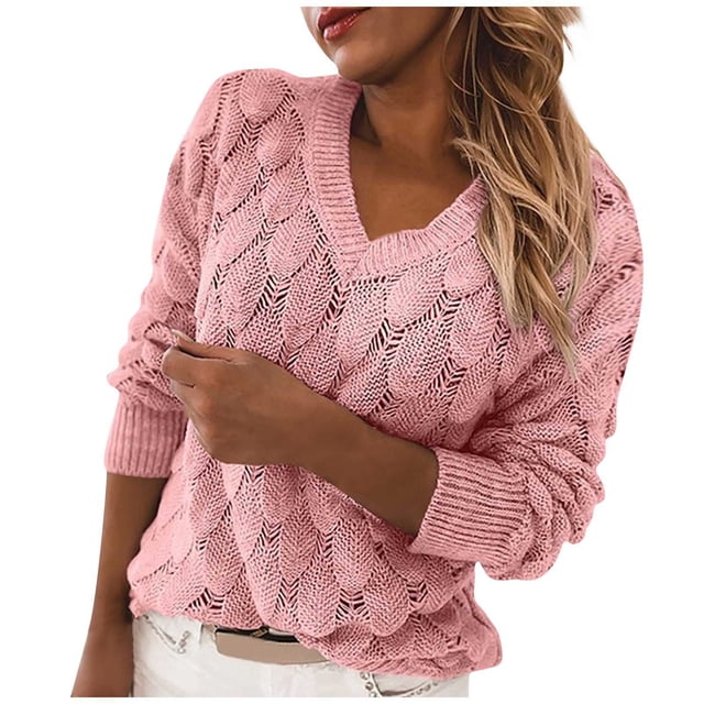 Gibobby Suéteres para mujer, Suéter Informal con Cuello en V Suéter pulóver para Mujer(Rosa,G)