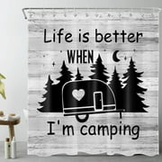 HVEST Camping Theme Shower Curtain for Bathroom,Forest Black Camper Car Funny Travel Trailer Fabric Shower Curtain with Hooks,Farmhouse Rustic Vintage Grey Wood Bathroom Curtain Shower Set, 69x70 inch