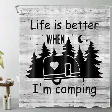 HVEST Camping Theme Shower Curtain for Bathroom,Forest Black Camper Car Funny Travel Trailer Fabric Shower Curtain with Hooks,Farmhouse Rustic Vintage Grey Wood Bathroom Curtain Shower Set, 69x70 inch
