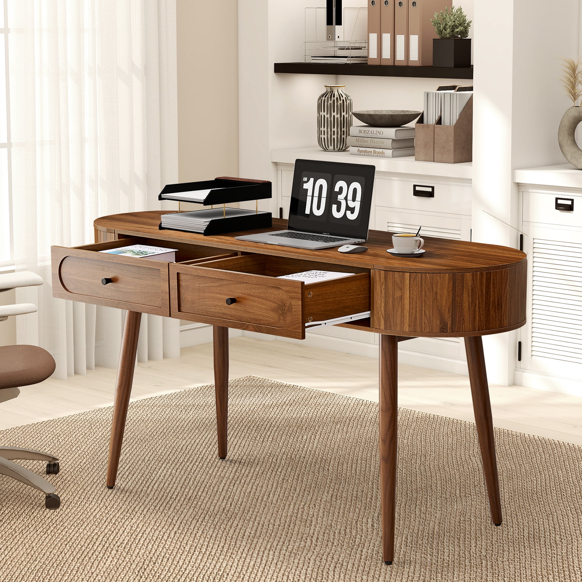 YOCWO Modern Home Office Desk with 2 Drawers and 2 Flip-top Storage, Oval Computer PC Desk Table, Vanity Desk with Fluted Curved Table Edge, Walnut