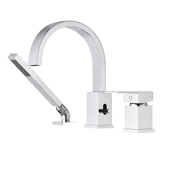 JERFIT Chrome 3-Hole Waterfall Roman Tub Filler Set with Handheld Shower, Deck Mount Stainless Steel Bathtub Faucet