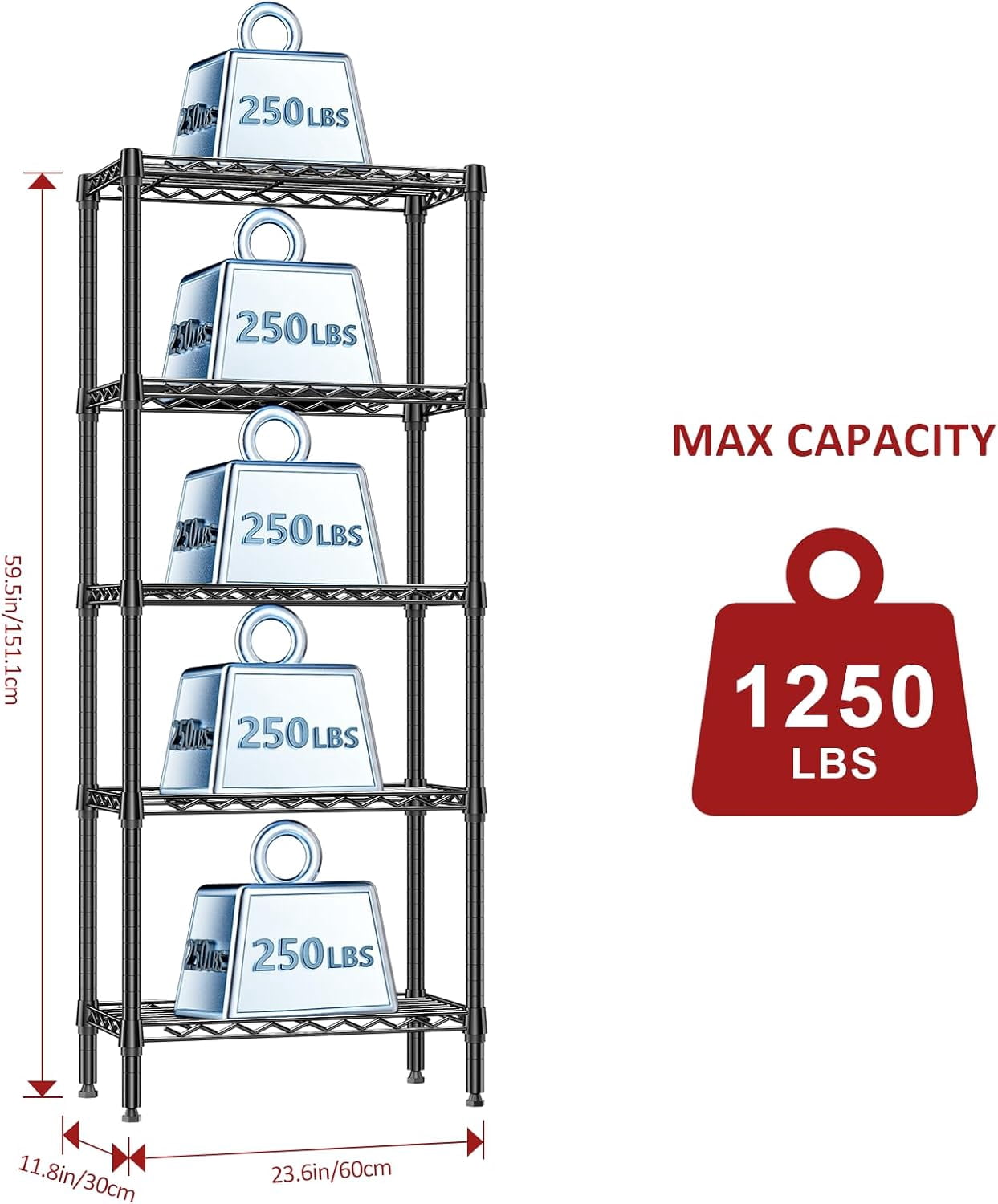 M MZG 5 Tiers Wire Shelving Unit, Dimensions: 23.6"W x 11.8"D x 59.5"H, Total Capacity 1250 lbs, Black