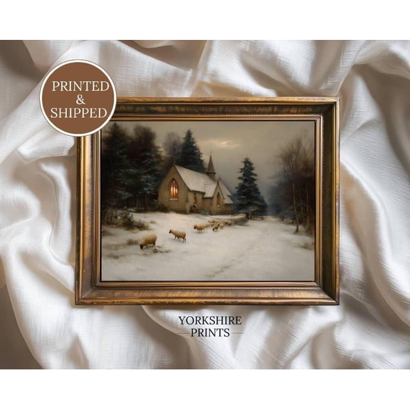 Vintage Winter Chapel with Sheep, Snowy Winter Holiday Night Church Scene Fine Art Wall Poster, Size 8x12 UNFFRAMED F03.1.6l1131