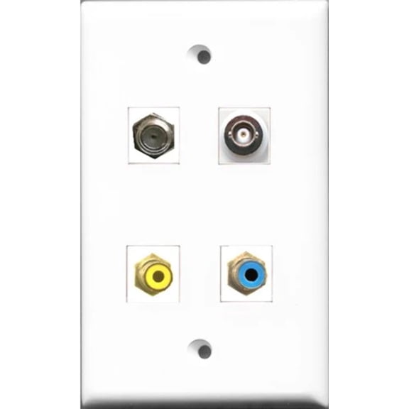 RiteAV 1 Port RCA Yellow and 1 Port RCA Blue and 1 Port Coax Cable TV- F-Type and 1 Port BNC Wall Plate
