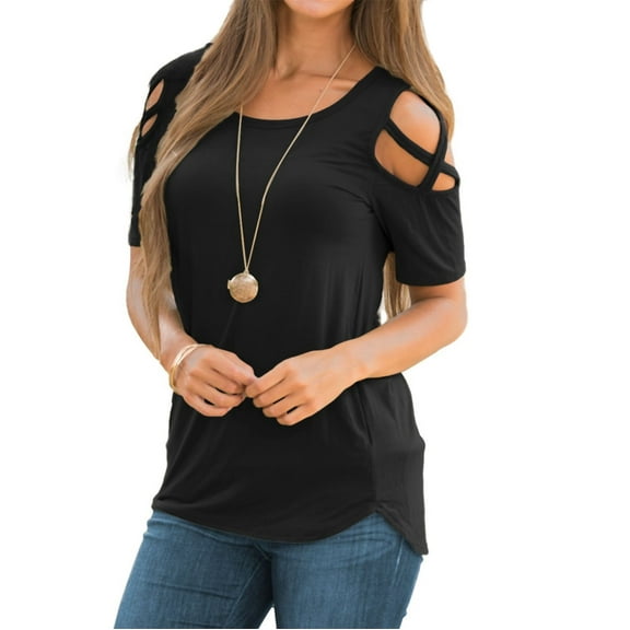 Homenesgenics Womens Tops under $5 Free Shipping No Freight Shipping Women's Summer Printing Short Sleeve Strappy Cold Shoulder T-Shirt Tops Blouses Gifts for Women