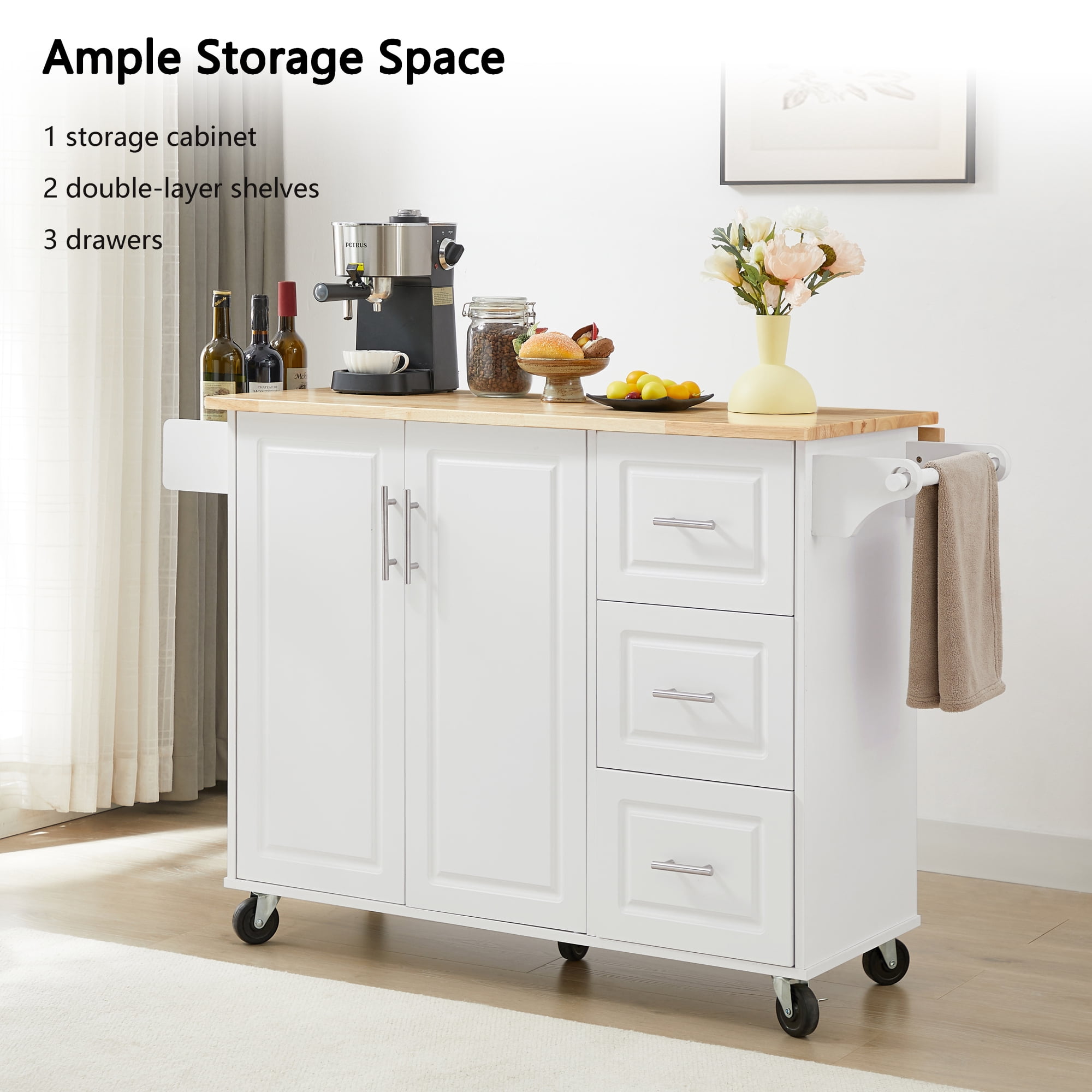 Garitin 54"Kitchen Island with Storage, Rolling Small Kitchen Island Cart on Wheels, Drop‑Leaf Countertop Microwave Utility Cart with 3 Drawers & 1 Storage Cabinet, White