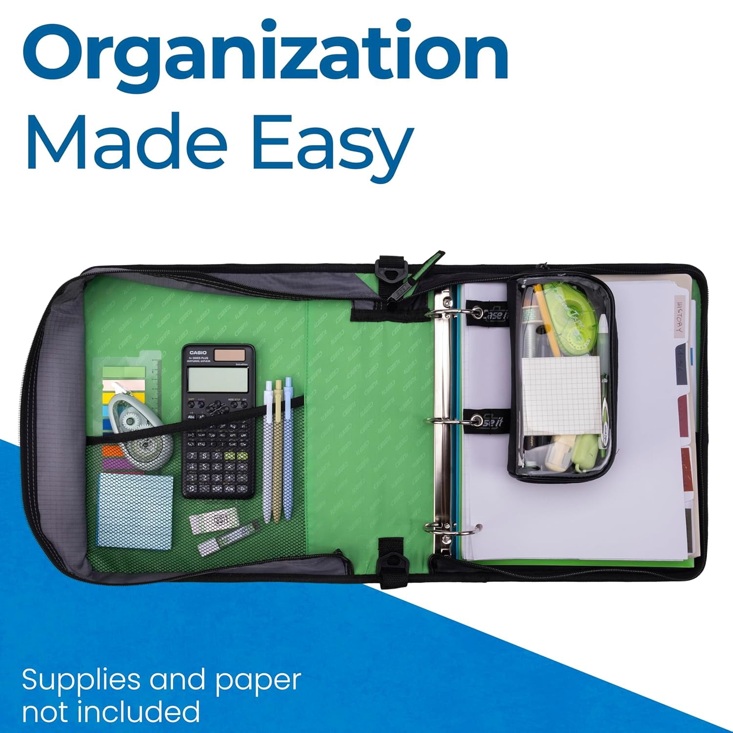 Case-it Classic Zipper Binder | 2-Inch O-Rings, 350 Sheet Capacity, Multiple Storage Pockets & Shoulder Strap | Office Organizer | D-251 Canopy Green | 6 Pack
