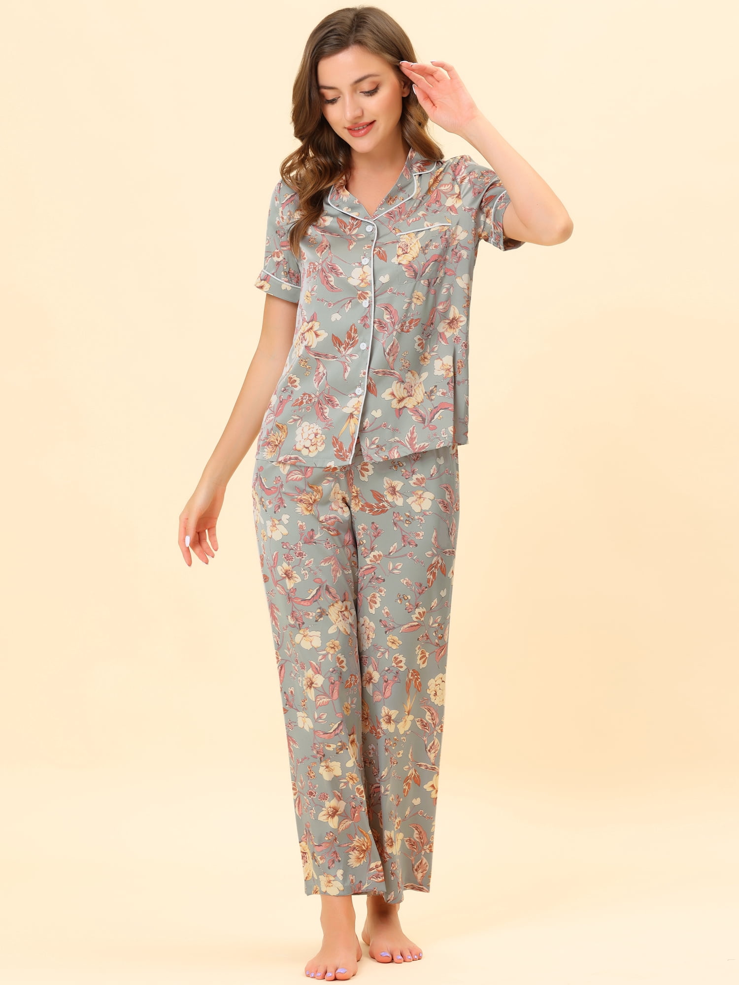 Unique Bargains Women's Pajama Set Silk Short Sleeves and Pants Floral Satin Sets