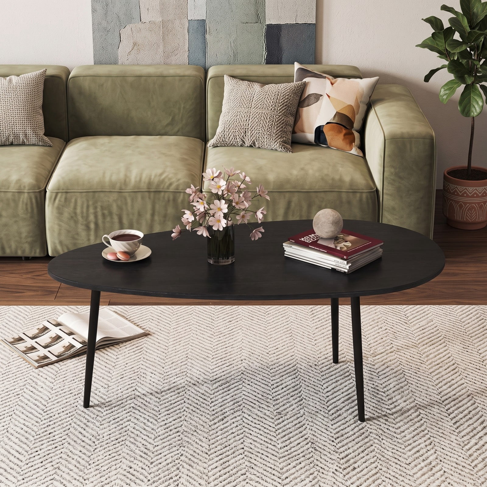 Furnibear Oval Coffee Table Mid Century Center Table with Sturdy Metal Frame, Open Storage Shelf & Adjustable Foot Pads for Living Room, Hallway & Lounge, Black
