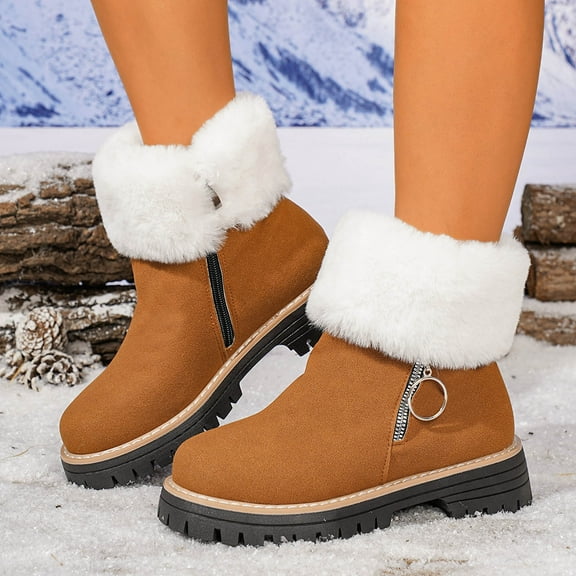 Cadancy Women Winter Boots Ankle High Fluffy Trim Suede Furry Lining Low Heel Snow Booties Side Zipper Trendy Outdoor Warm Non Slip Shoes Casual Comfy Walking Boots