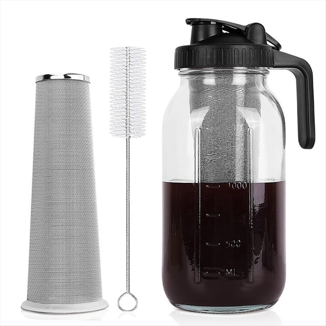 Cold Brew Coffee Maker Pitcher,64oz Iced Coffee Tea Pitcher for Fridge with Filter, Cold Brew Maker with Pour Spout Lid,1*cold brew pitcher 1*Metal filter 1*cup brush