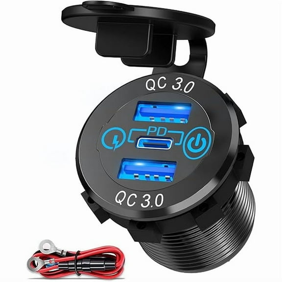 12v USB C Car Charger Socket - 12v USB Outlet Aluminum Metal 20W PD Type-C and 18W QC3.0 Multi Car USB Ports with Touch Switch Car Outlet Waterproof for Car Boat Marine RV Golf Cart Motorcycle