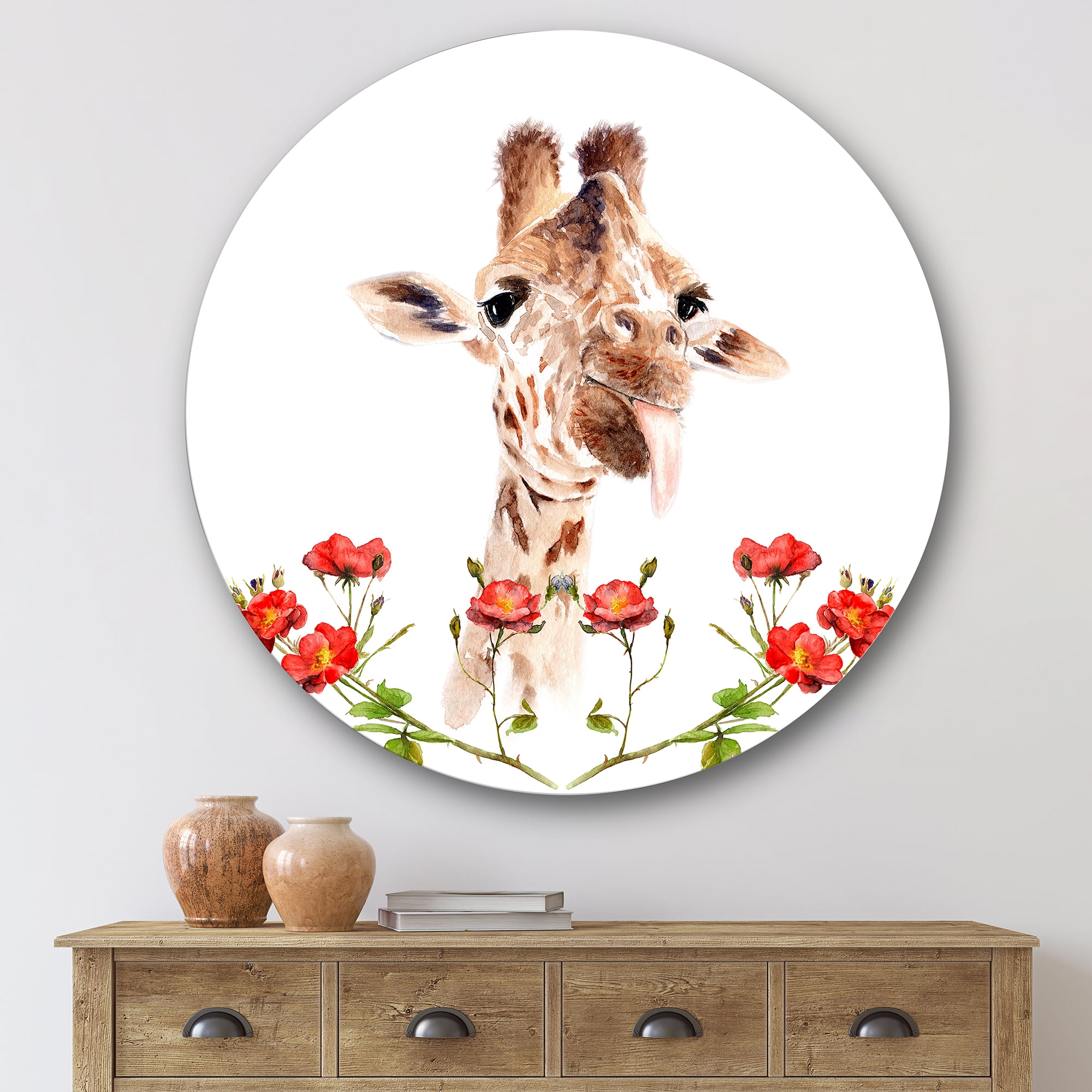 Designart 'Portrait of A Giraffe With Red Flowers I' Farmhouse Circle Metal Wall Art 29x29 - Disc of 29