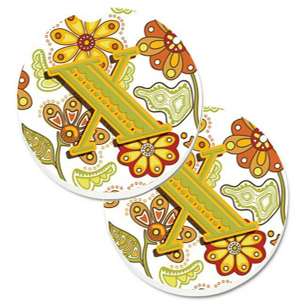 Carolines Treasures CJ2003-XCARC Lettre X Moutarde Florale & Vert Ensemble de 2 Porte-Gobelet Voiture Coaster