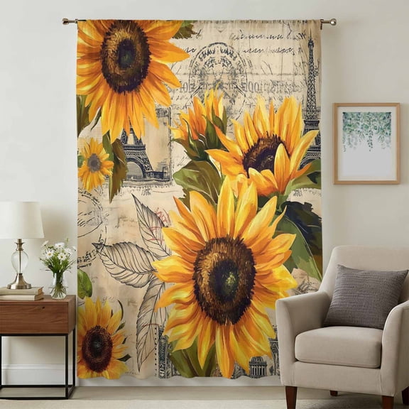 Yellow Sunflower Sheer Curtains 54 Inches Long, Watercolor Retro Floral Plant Leaf Light Filering Curtains, Breathable Simi Curtain Privacy Drapes for Kitchen Bathroom Nursery Small Window Treatment