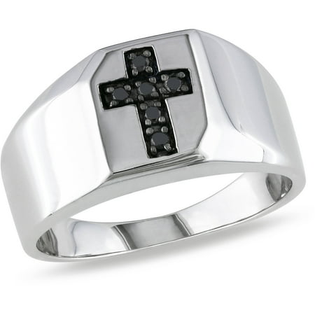 Asteria Men's Black Diamond Accent Sterling Silver Cross Ring