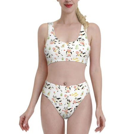 High Waisted Bikini Sets For Women  Cartoon Funny Cute Cow Flower White Two Piece Swimsuit Sporty Scoop Neck Bathing Suit