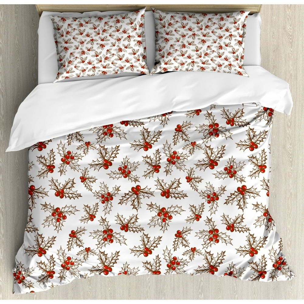 Christmas King Size Duvet Cover Set, Winter Season Harvest Holly