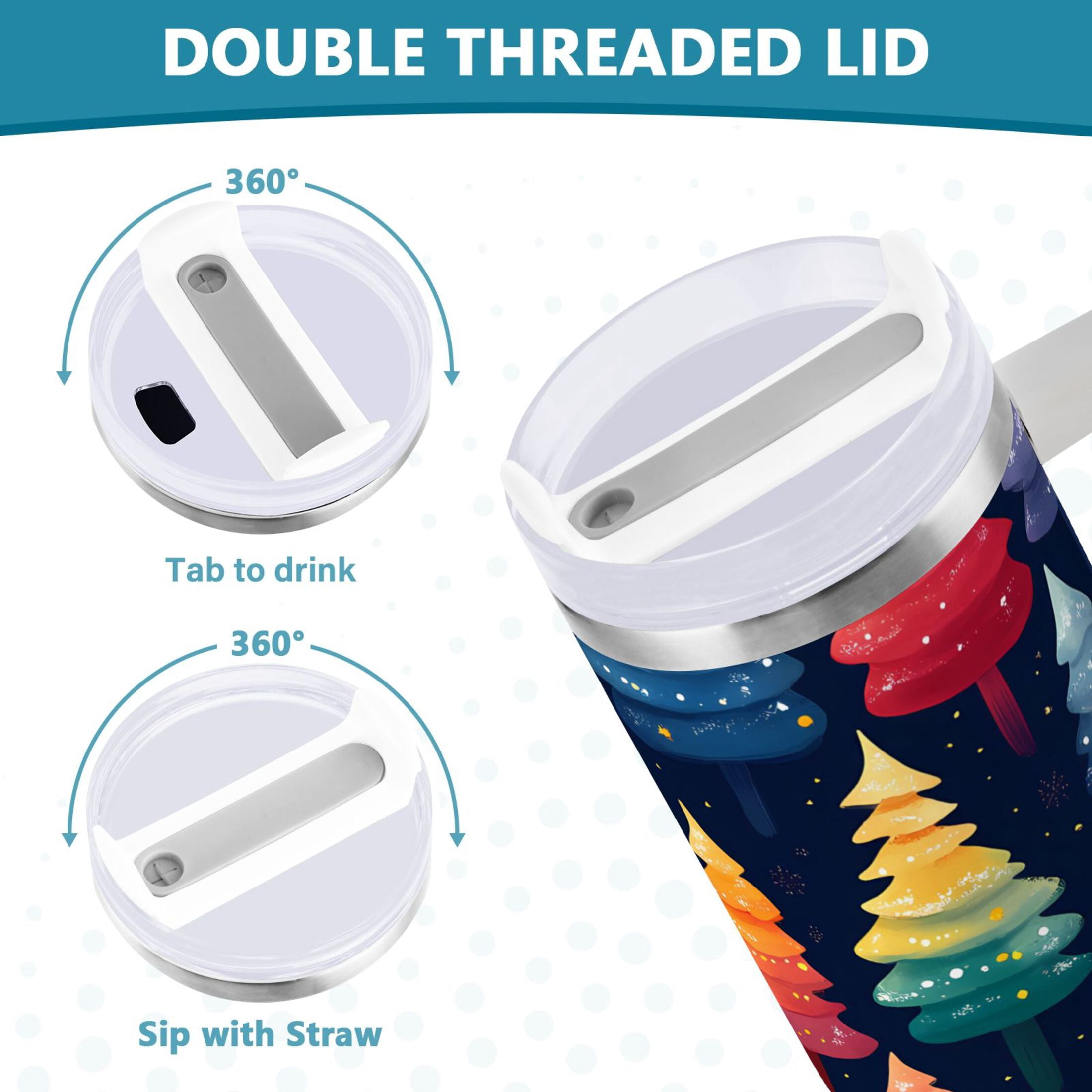 Colorful Christmas Tree Tumbler with Handle and Straw Lid 40 oz Insulated Vacuum Water Bottle Stainless Steel Travel Cup