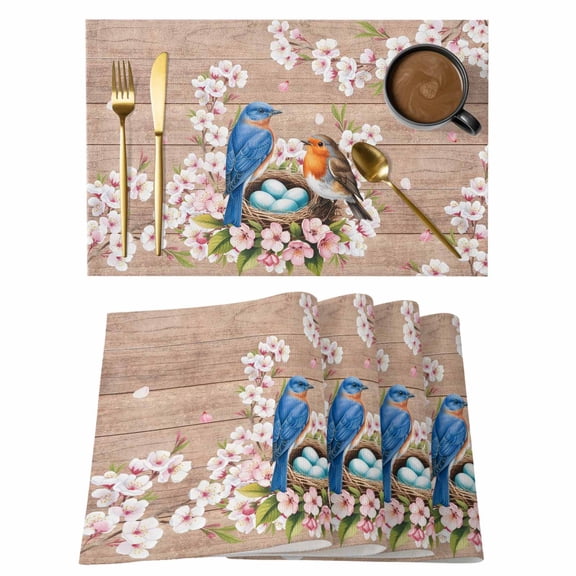 Birds Floral Placemats Set of 12, Farmhouse Pink Flower Leaf Wood Grain Brown Placemats for Dining Table, Place Mats for Kitchen Tabletop, Waterproof Wipeable Dining Table Mats Set