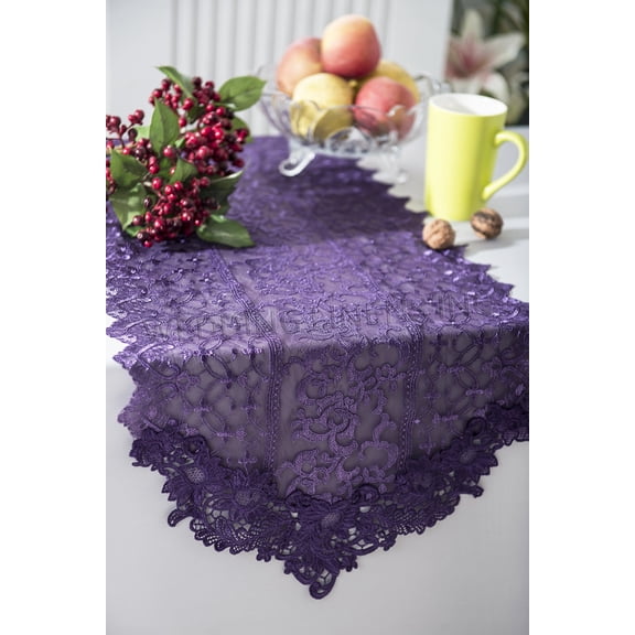 Wedding Linens Inc. 16" x 108" Vintage Chantilly Lace Embroidered Table Runner - Eggplant / Dark Purple
