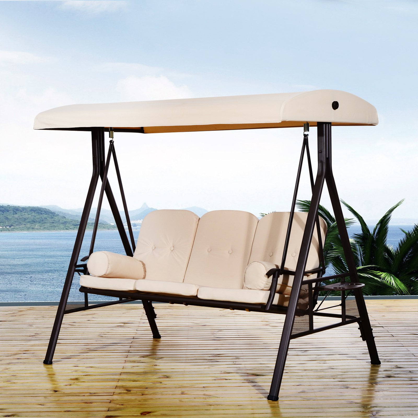 Outsunny 3 Person Steel Canopy Porch Swing with Side Tables by Aosom LLC