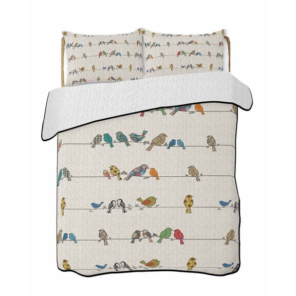 Full Size Quilt Bedding Set, Beige Birds Reversible Summer Quilt 3 Pieces, Funny Cute Snowflake Wire Sparrow Rustic Lightweight Bedspreads Coverlets with 2 Pillow Shams for All Seasons