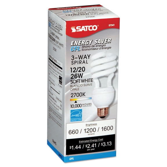 Satco, SDNS7341, 12/20/26 Watt 3-Way T4 Spiral CFL Bulb, 1 Each, White