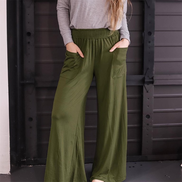 Ladies Wide Leg Lounge Pants Elastic High Waist Solid