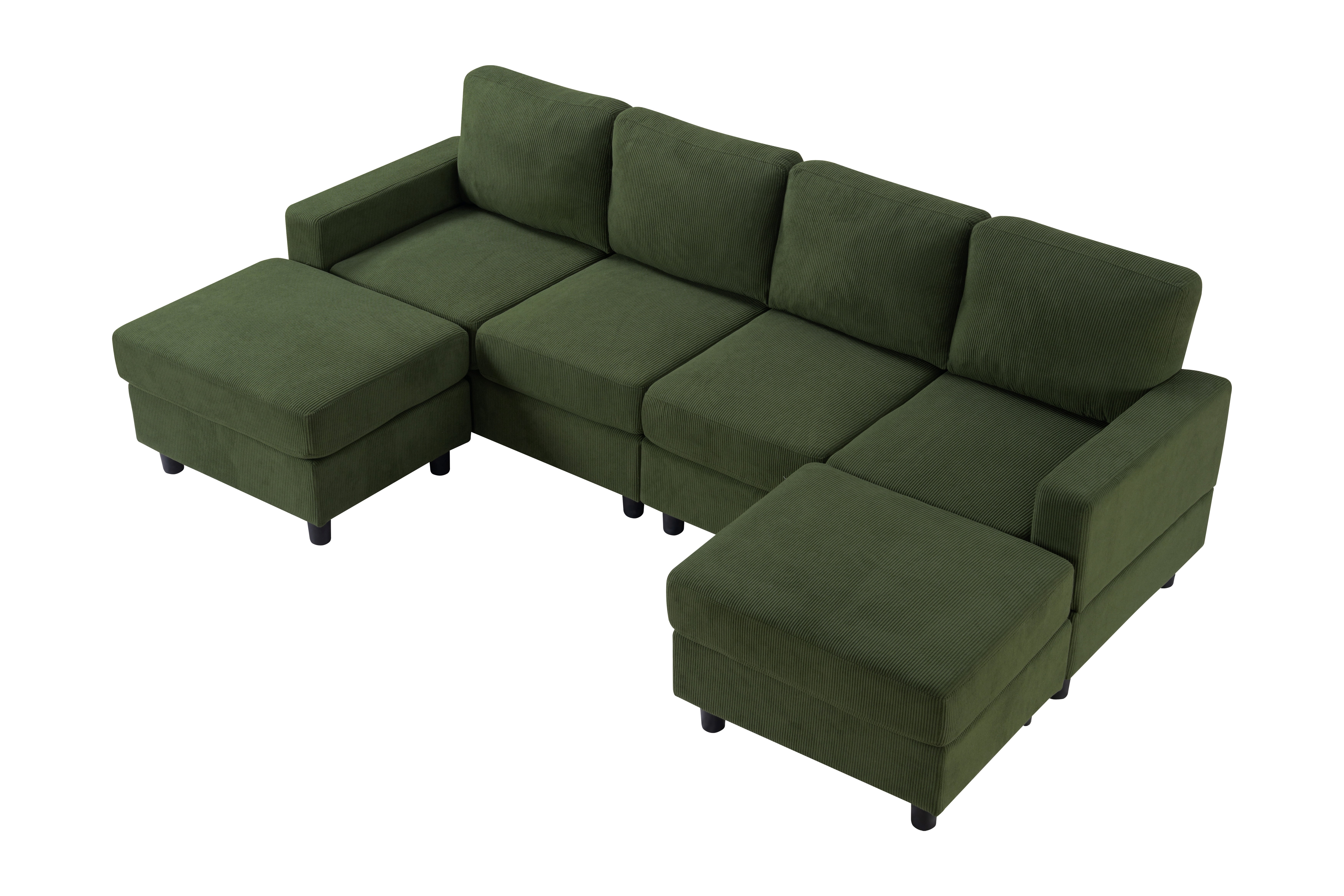 98.8 Inch Oversized U-Shaped Sectional Couch, Corduroy Upholstered 4-Seat Double Chaise Sofa with Thick Padding and Solid Plastic Legs for Living Room Family Room, Green