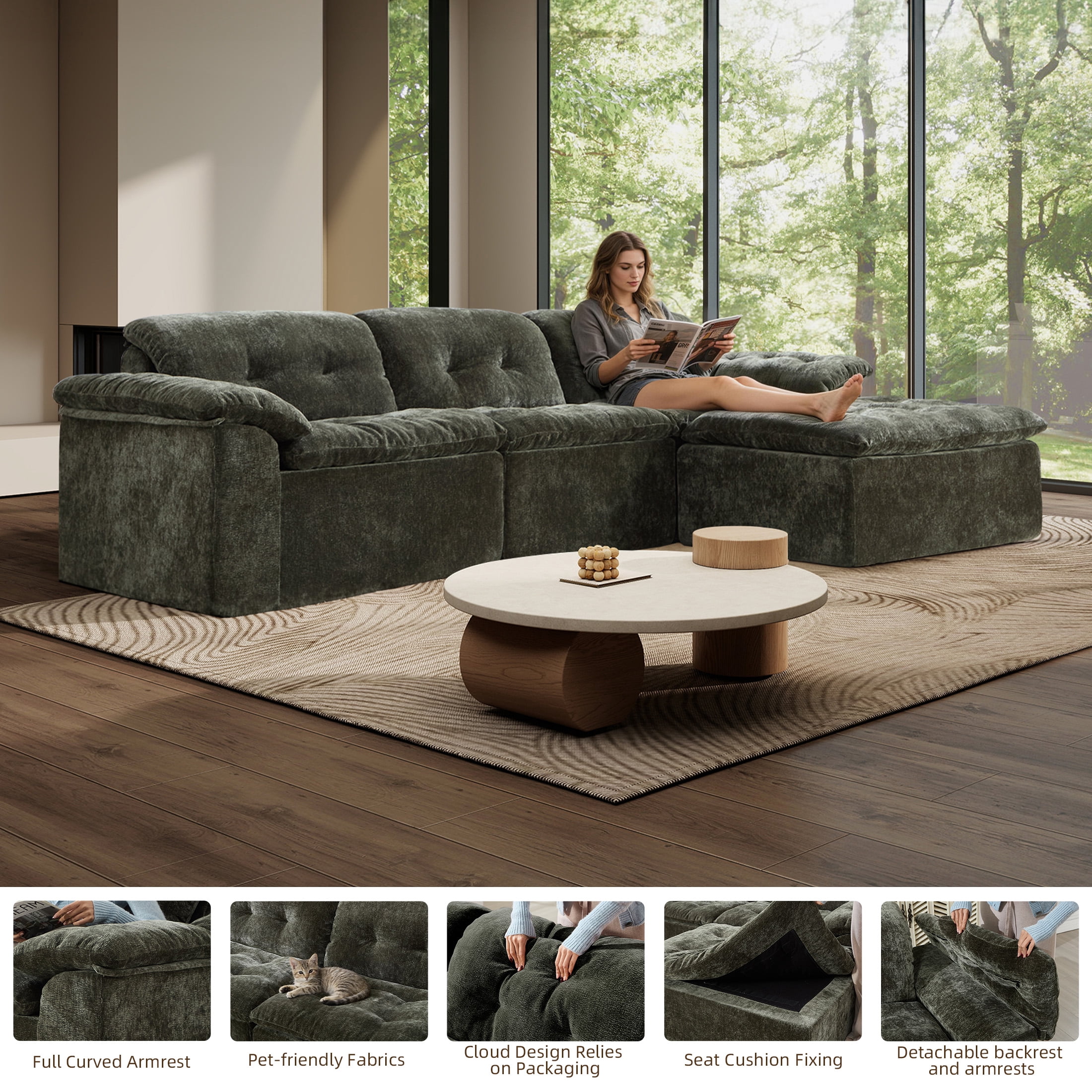 Aukfa 4-Piece L-Shaped Modular Sectional Sofa with Ottoman for Living Room, Ice Flower Chenille, Green
